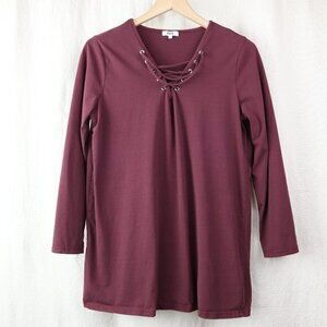 Maroon Long Sleeve Tee Shirt Size S Grommet Tie V Neck Top Pullover Blouse Small